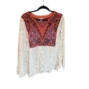 Cato Lace Boho Top Embroidered Yoke Bell Sleeve White Rust 14/16W layering piece